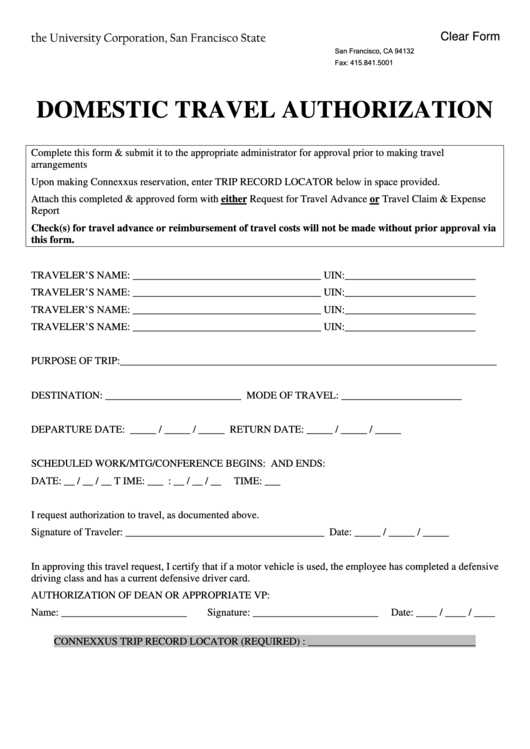 Domestic Travel Authorization Form printable pdf download