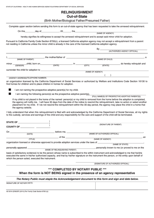 Fillable Form Ad 501a Relinquishment OutOfState California