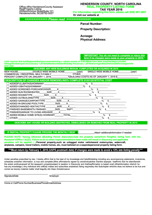 Real Property Listing Form Henderson County 2016 printable pdf download