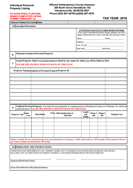 Individual Personal Property Listing Office Of The Henderson County