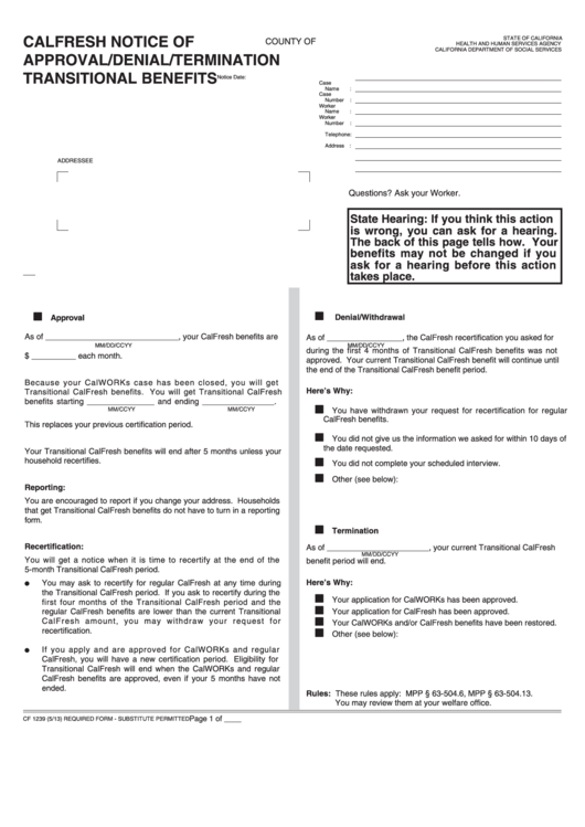 Fillable Form Cf 1239 Calfresh Notice Ofapproval/denial