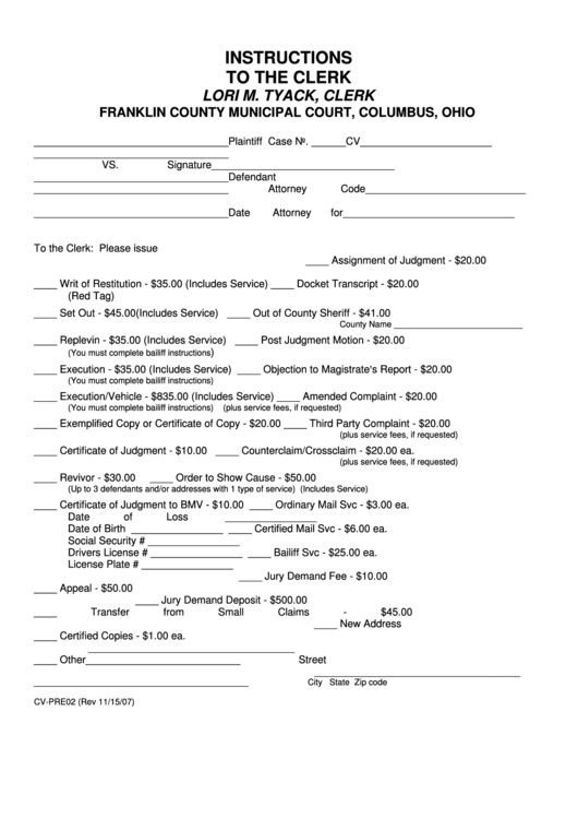Form CvPre02 Instructions To The Clerk Franklin County Municipal