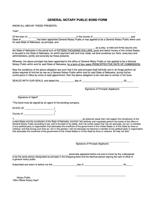 Fillable General Notary Public Bond Form (State Of Nebraska) printable