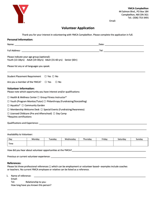 Volunteer Application Form Ymca Campbellton printable pdf download