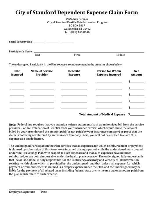 Dependent Expense Claim Form printable pdf download