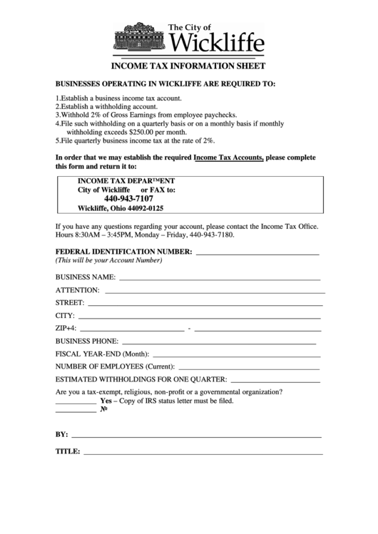 Tax Information Sheet City Of Wickliffe printable pdf download
