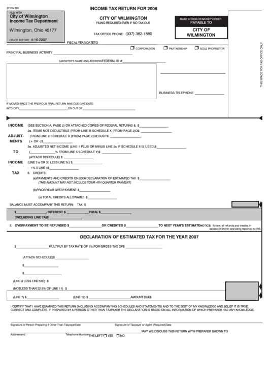 Form Br Tax Return For 2006 City Of Wilmington printable pdf download