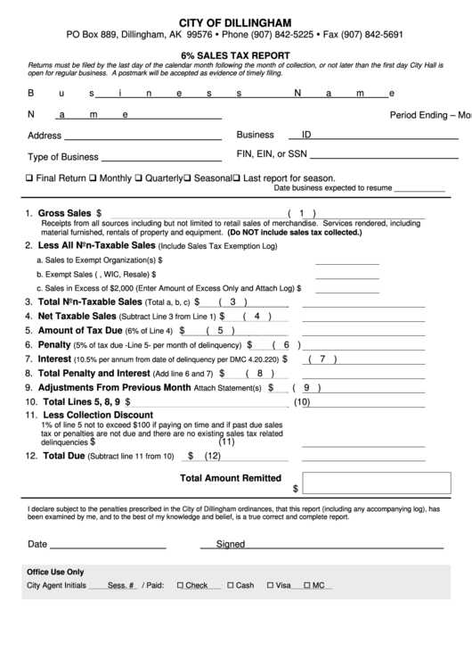 6 Sales Tax Report Form City Of Dillingham printable pdf download