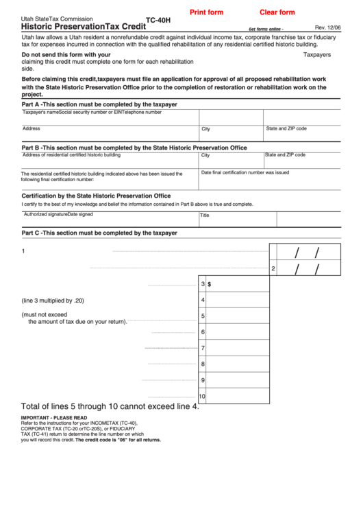 Fillable Form Tc40h Historic Preservation Tax Credit printable pdf