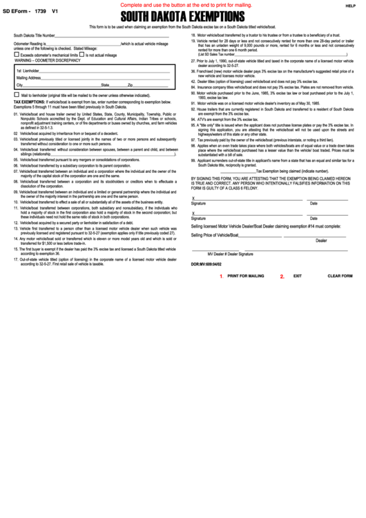 Fillable Sd Eform 1739 South Dakot Exemptions printable pdf download