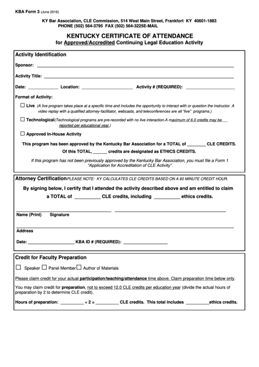 Kba Form 3 Kentucky Certificate Of Attendance printable pdf download