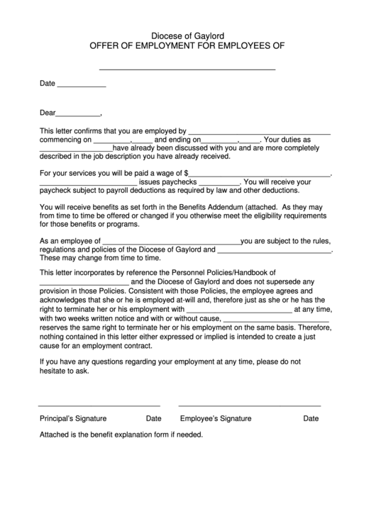 Fillable Diocese Of Gaylord Offer Of Employment For Employees Of Form
