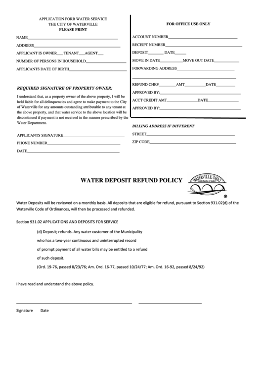 Fillable Application For Water Service Form The City Of Waterville