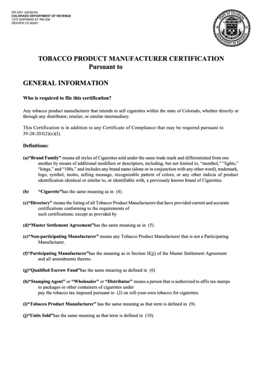 Form Dr 0231 Tobacco Product Manufacturer Certification printable pdf