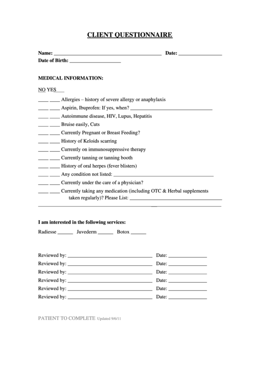 Fillable Client Medical Questionnaire Template printable pdf download