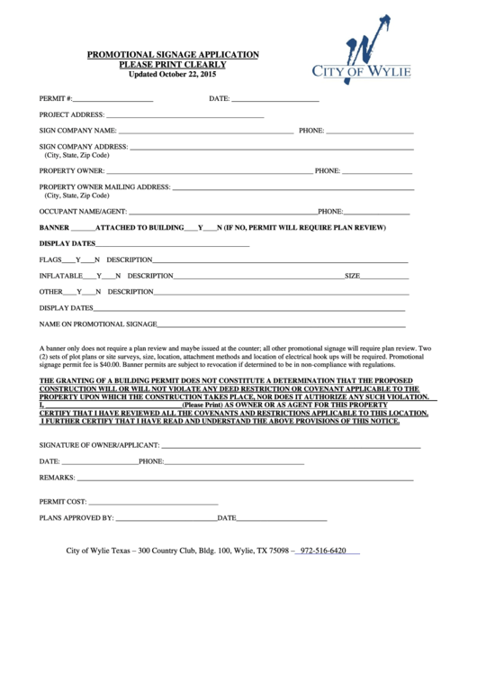 Promotional Signage Permit Application Form City Of Wylie Texas