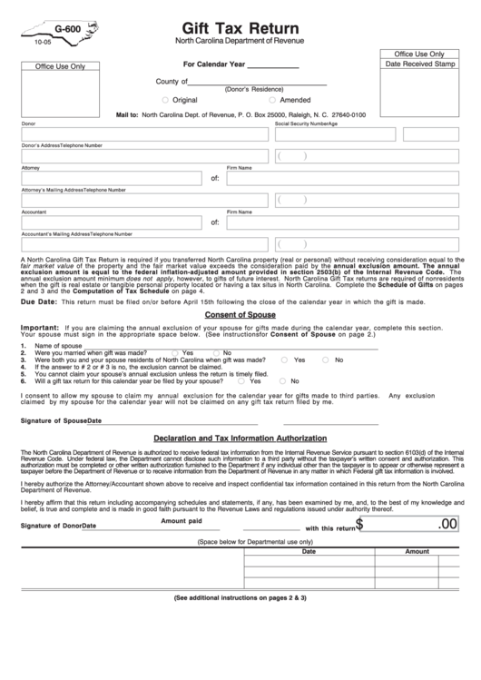 Form G600 Gift Tax Return North Carolina Department Of Revenue