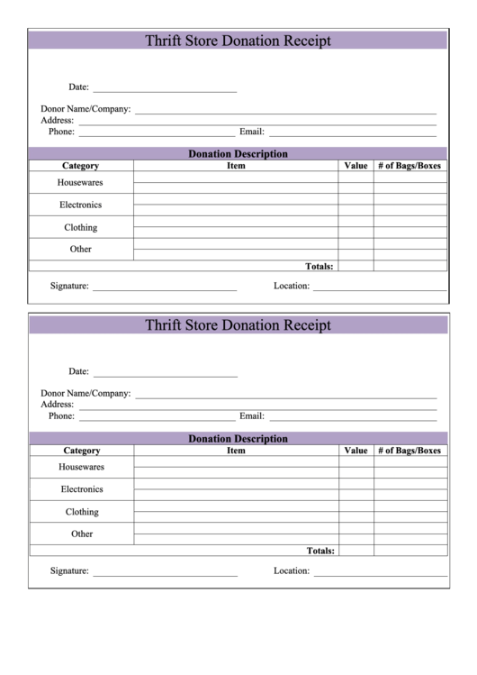 Thrift Store Donation Receipt Template printable pdf download