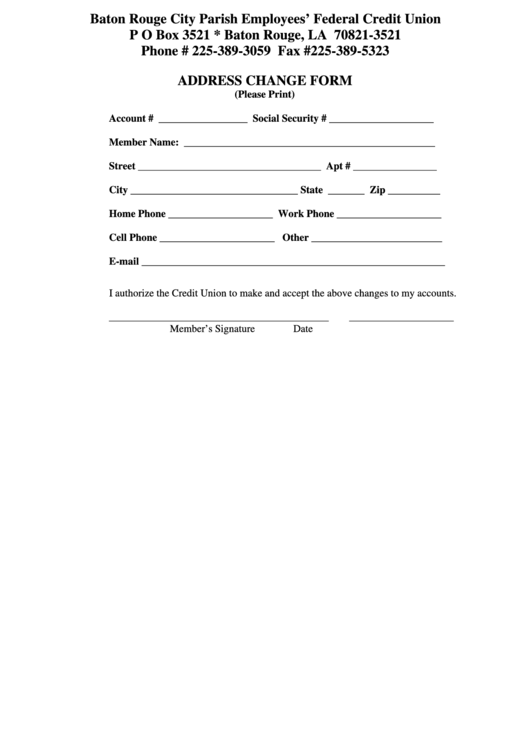 Baton Rouge City Parish Employees' Federal Credit Union Address Change