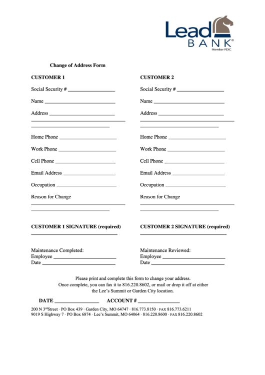Lead Bank Change Of Address Form printable pdf download