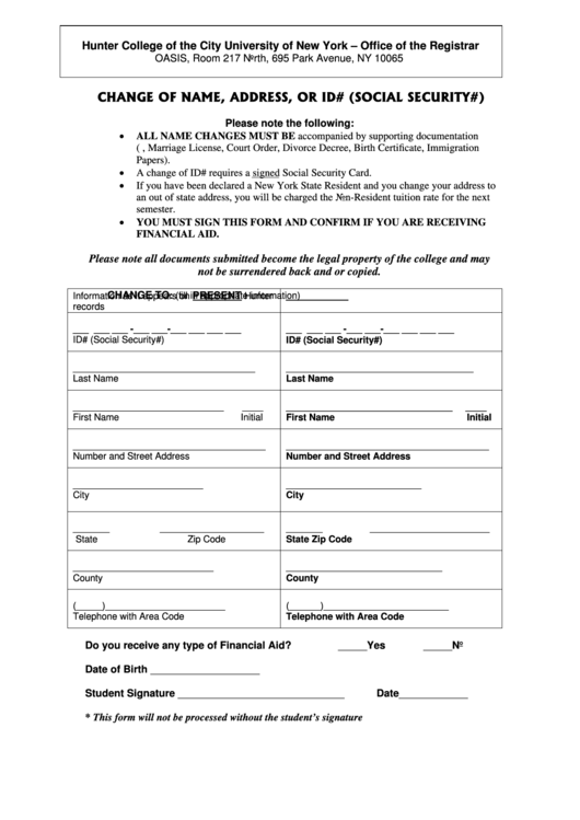 University Of New York Change Of Name, Address, Or Id (Social Security