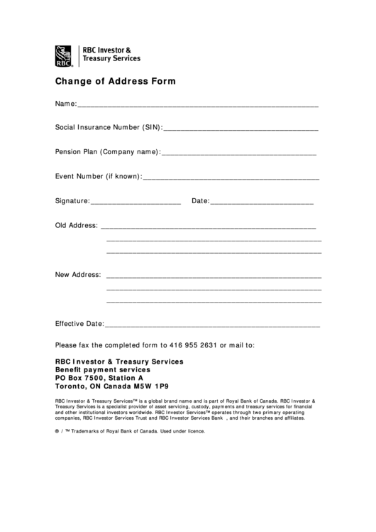 Rbc Investor And Treasury Services Change Of Address Form printable pdf