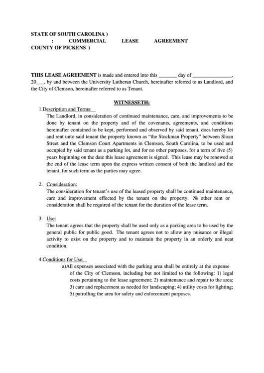 County Of Pickens, City Of Clemson Commercial Lease Agreement printable