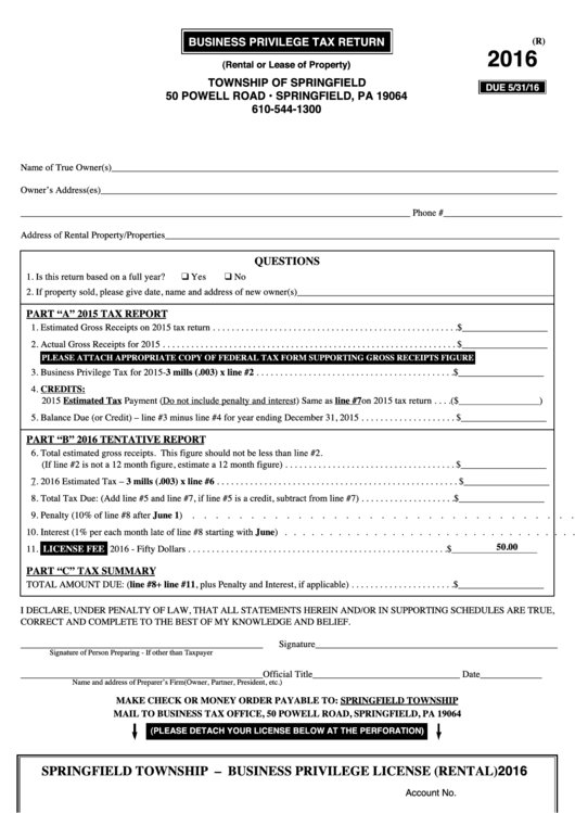 Business Privilege Rental Tax Return Form 2016 printable pdf download