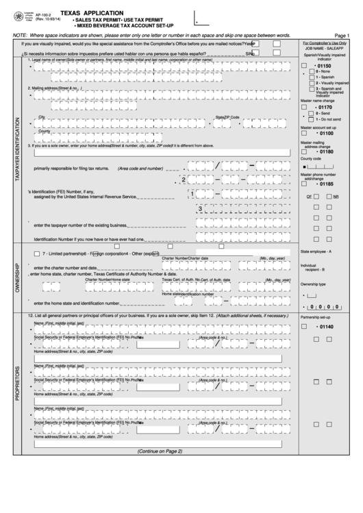 Form Ap1002 Sales Tax Permit/use Tax Permit/mixed Beverage Tax