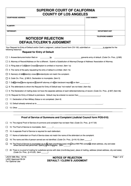 Fillable Form Laciv 098 Notice Of Rejection Default/clerk'S Judgment