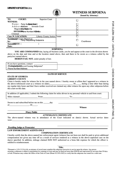 Fillable Witness Subpoena Form Liberty County, printable pdf
