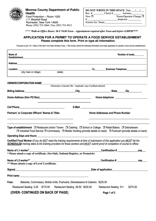 Application For A Permit To Operate A Food Service Establishment Form