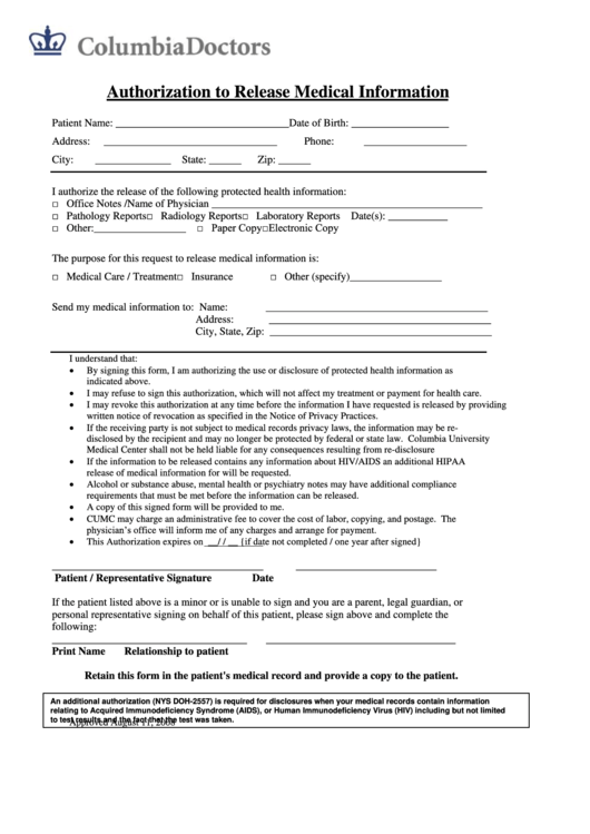 Fillable Authorization To Release Medical Information Form printable