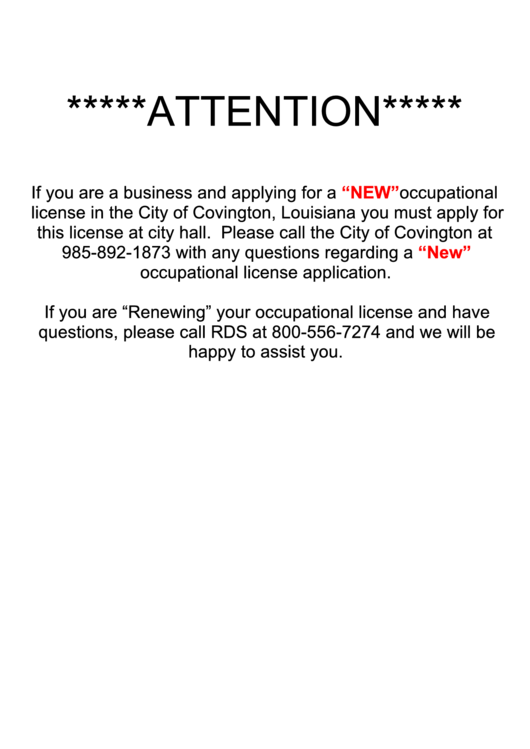 Fillable Application For Occupational License City Of Covington, La