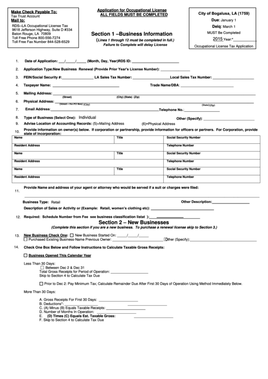 Fillable Application For Occupational License City Of Bogalusa, La printable pdf download