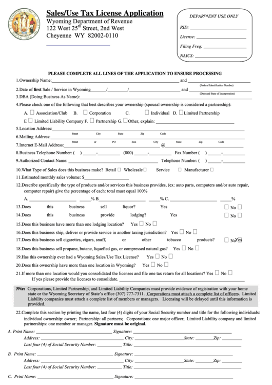 Form 001 Sales/use Tax License Application Wyoming Department Of