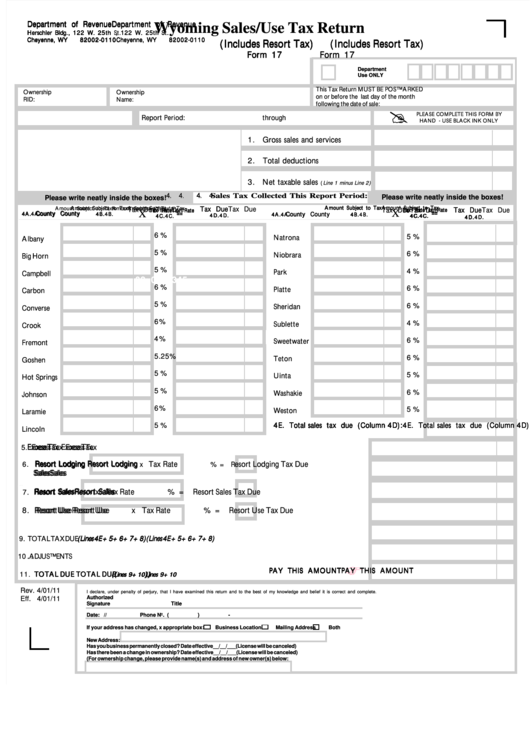 Form 17 Wyoming Sales/use Tax Return 2011 printable pdf download