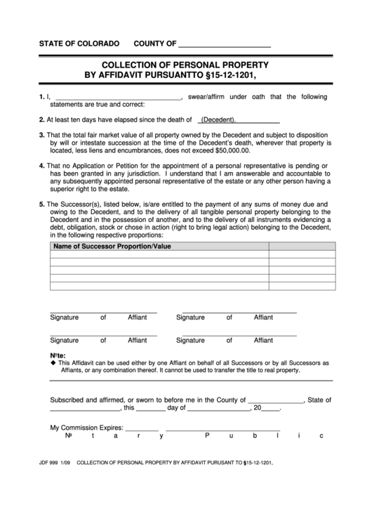 Fillable Form Jdf 999 Collection Of Personal Property By Affidavit