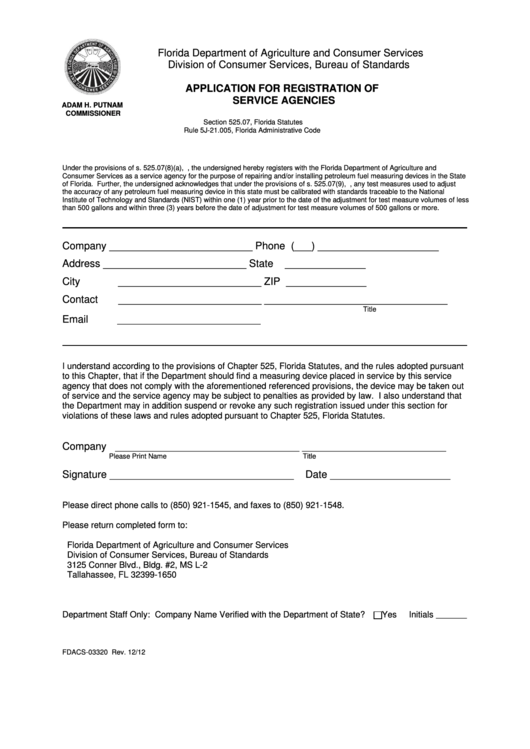 Fdacs03320 Application Form For Registration Of Service Agencies