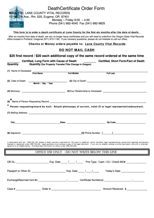 Death Certificate Order Form Lane County Vital Records printable pdf