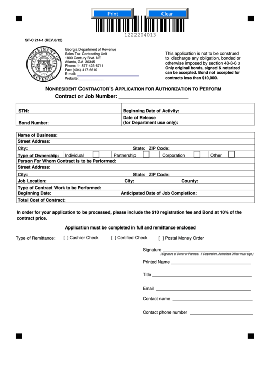 Fillable Form StC 2141 Nonresident Contractor'S
