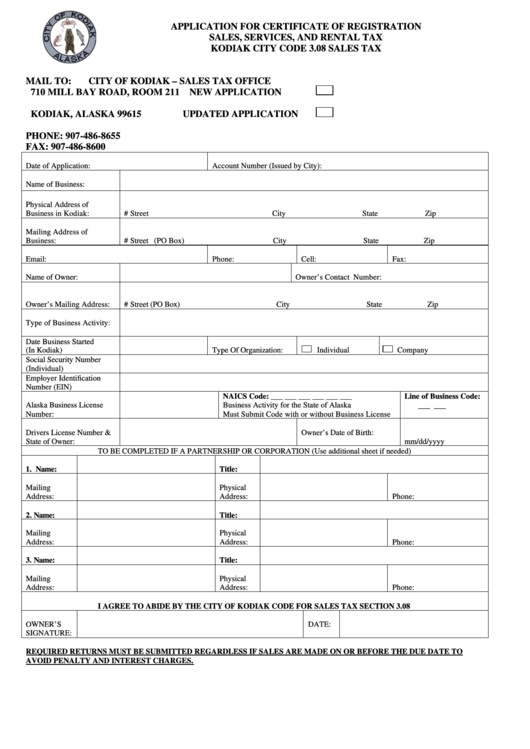 Fillable Application Form For Certificate Of Registration Sales, Services, And Rental Tax City
