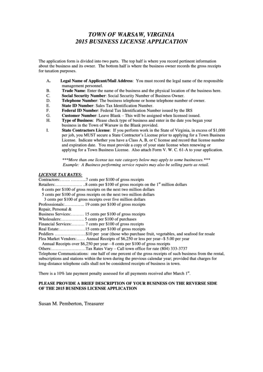 2015 Business License Application Form Town Of Warsaw, Virginia