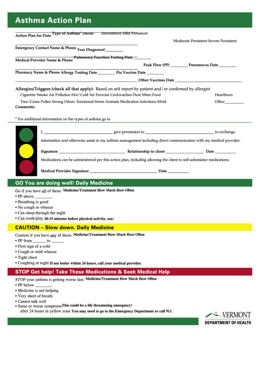 Fillable Asthma Action Plan Template Vermont Department Of Health