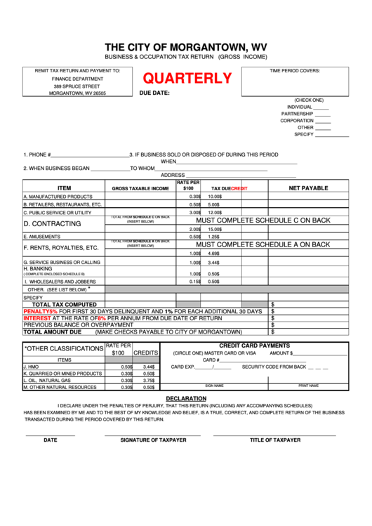Business & Occupation Tax Return FormQuarterly printable pdf download