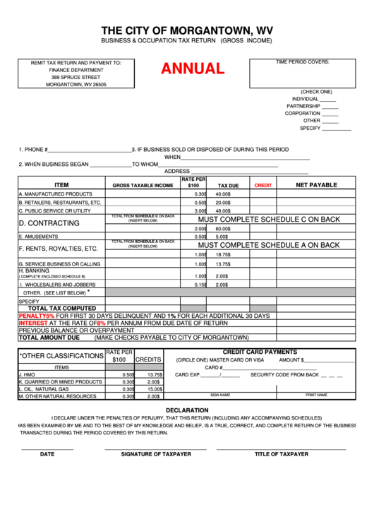 Business & Occupation Tax Return FormAnnual printable pdf download