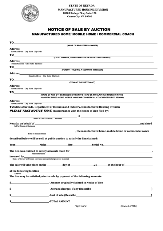 Fillable Notice Of Sale By Auction Manufactured Home/ Mobile Home
