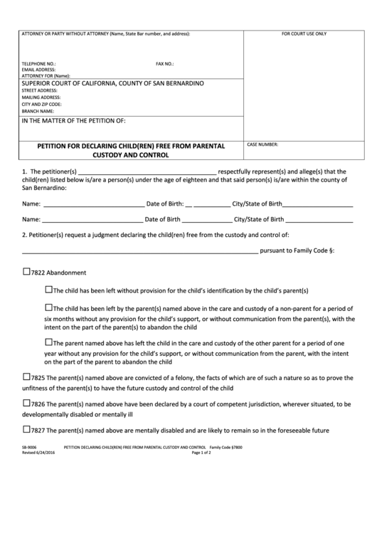Form Sb9006 Petition For Declaring Child (Ren) Free From Parental