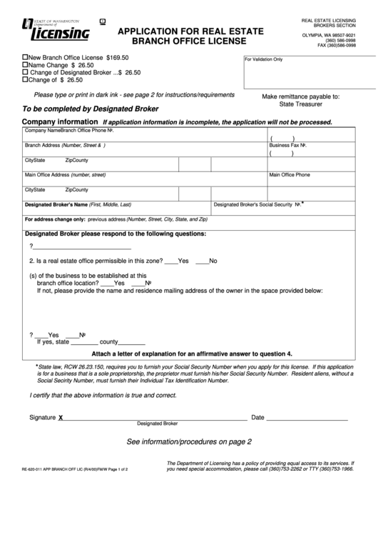 Fillable Application For Real Estate Branch Office License Form