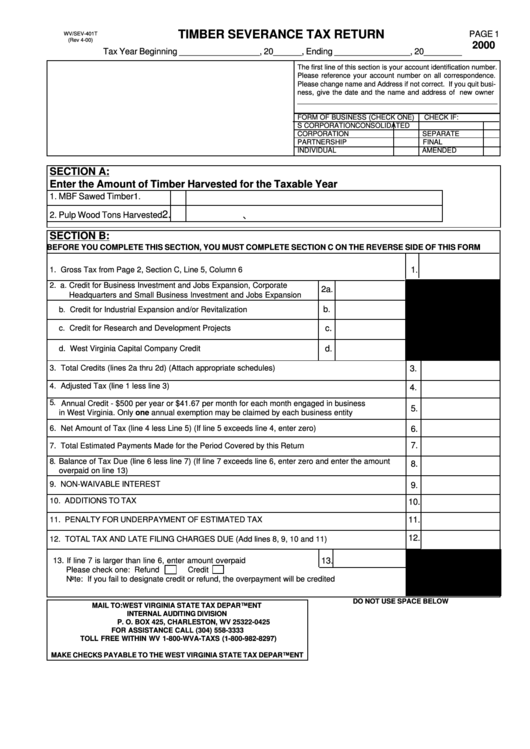 Form Wv/sev401t Timber Severance Tax Return 2000 printable pdf